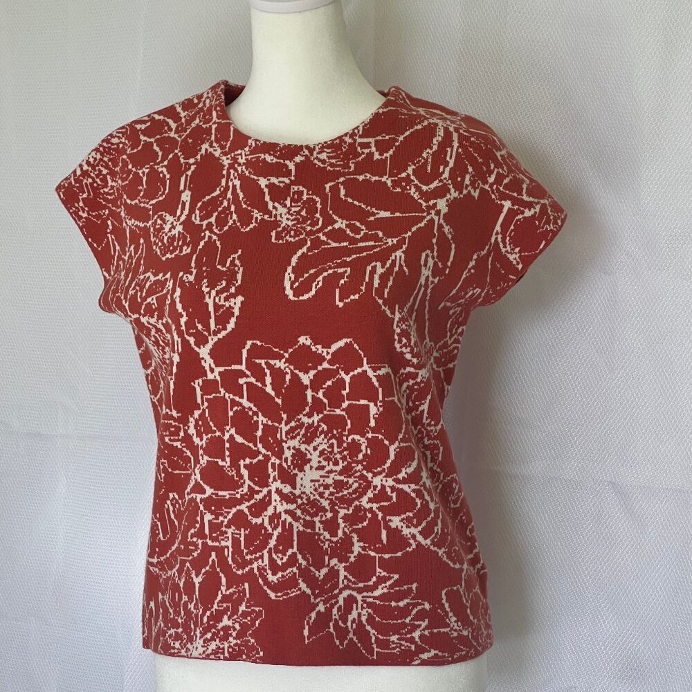 Cynthia Rowley Rust & White Floral Knit Cap Sleeve Top